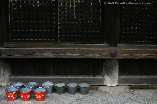 Red fire buckets in Kyoto, Japan