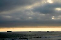 Container ships off Ports of Long Beach and Los Angeles, California