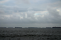 Container ships awaiting unloading, Port of Long Beach, California